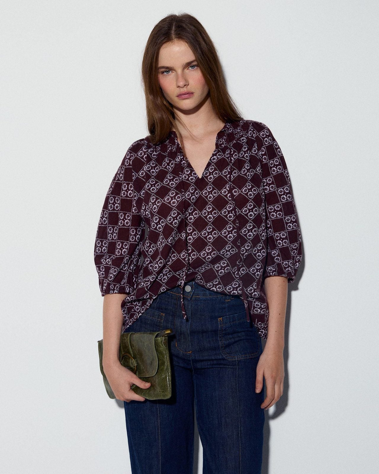 Blusa Lazada Delantera Estampado Floral Marrón