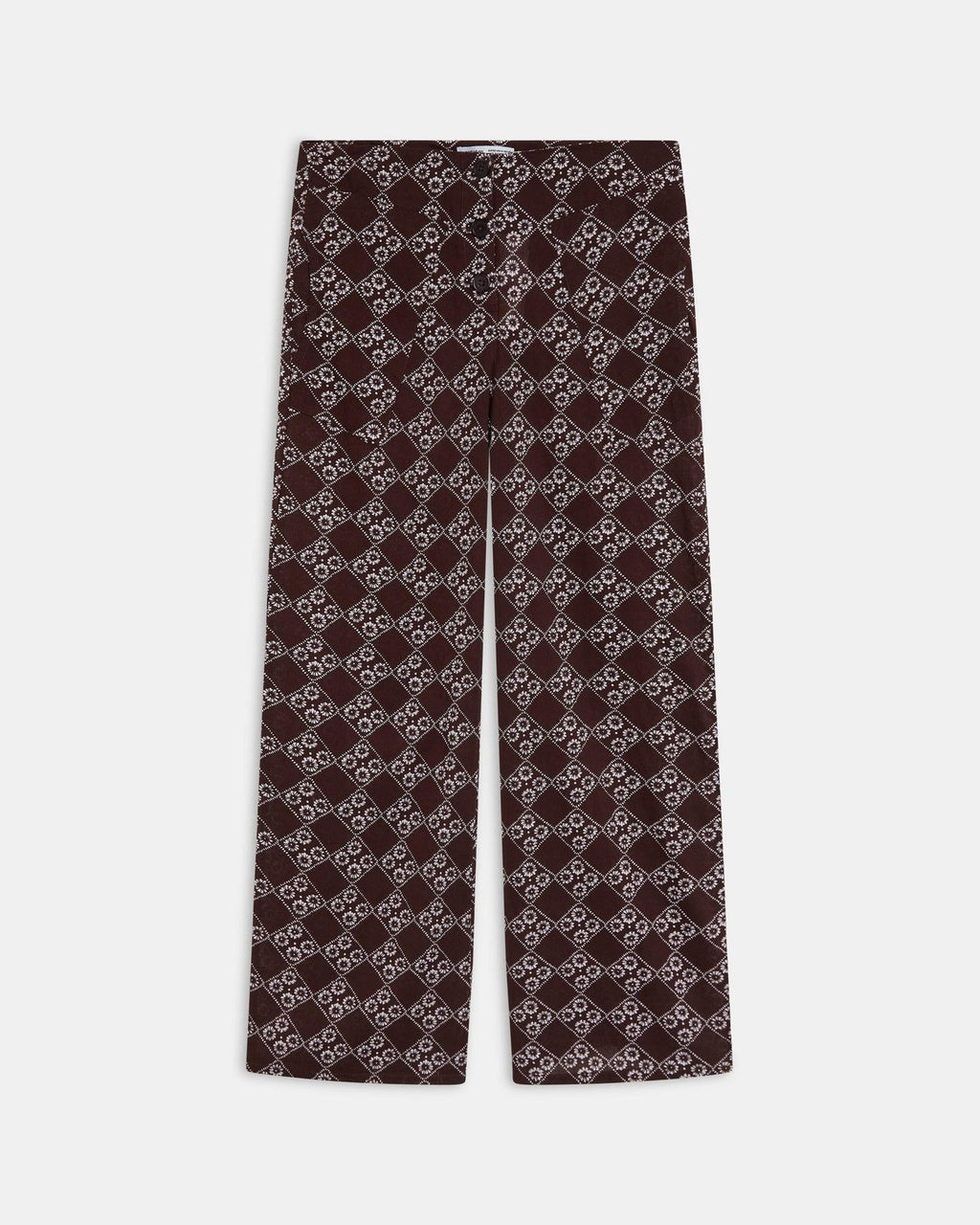 Pantalón Fluido Triple Botón Estampado Floral Marrón