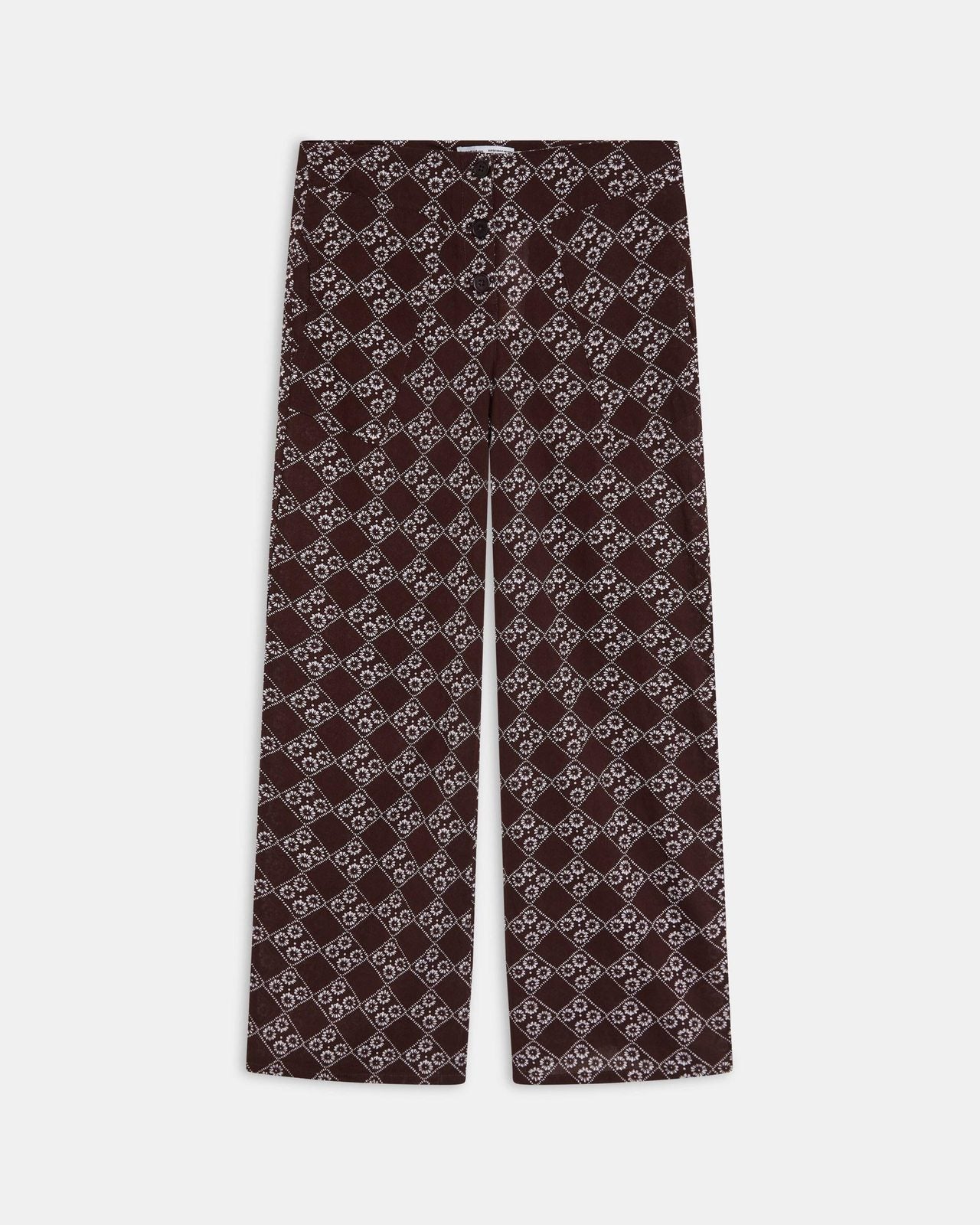 Pantalón Fluido Triple Botón Estampado Floral Marrón