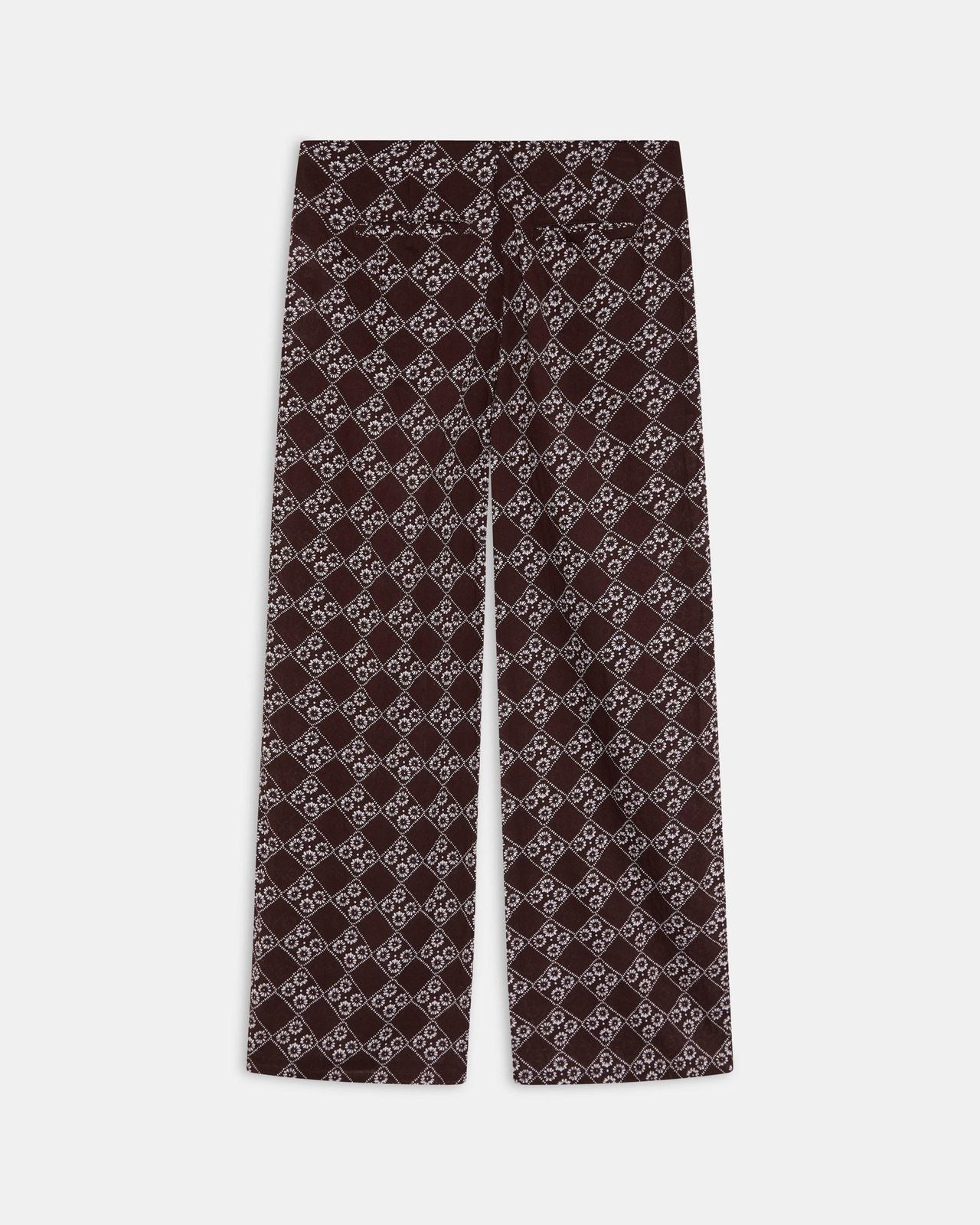 Pantalón Fluido Triple Botón Estampado Floral Marrón