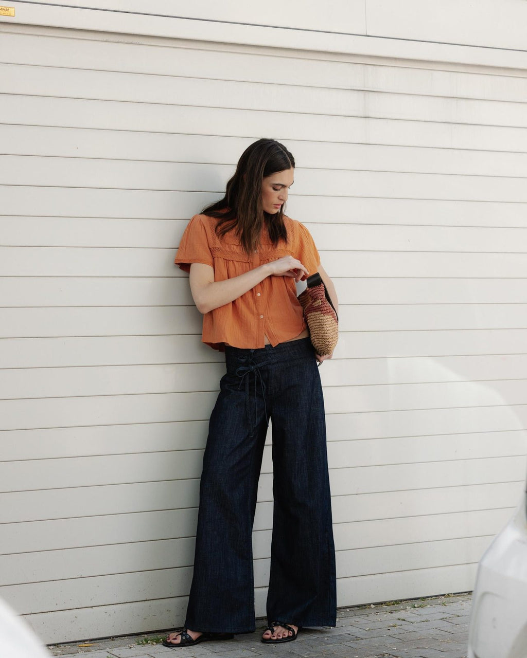 Blusa Puntillas Delanteras Botones Naranja