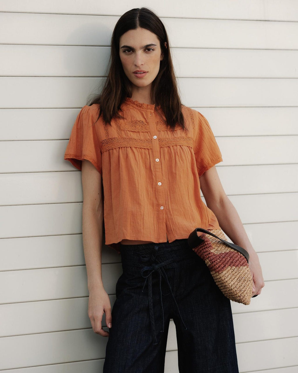 Blusa Puntillas Delanteras Botones Naranja