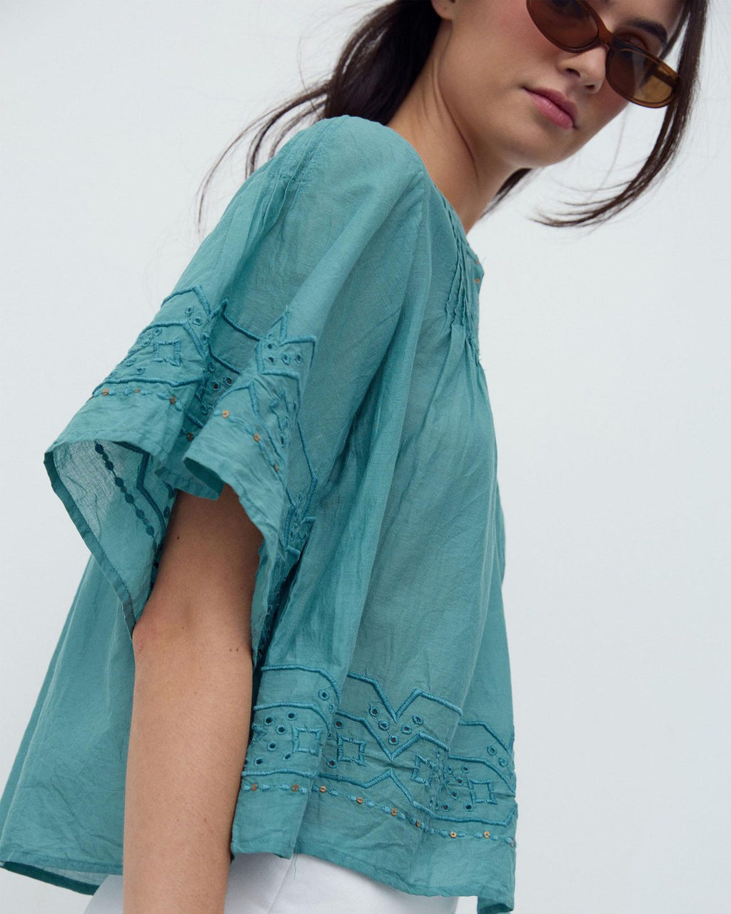Blusa Bordados Lentejuelas Verde Agua