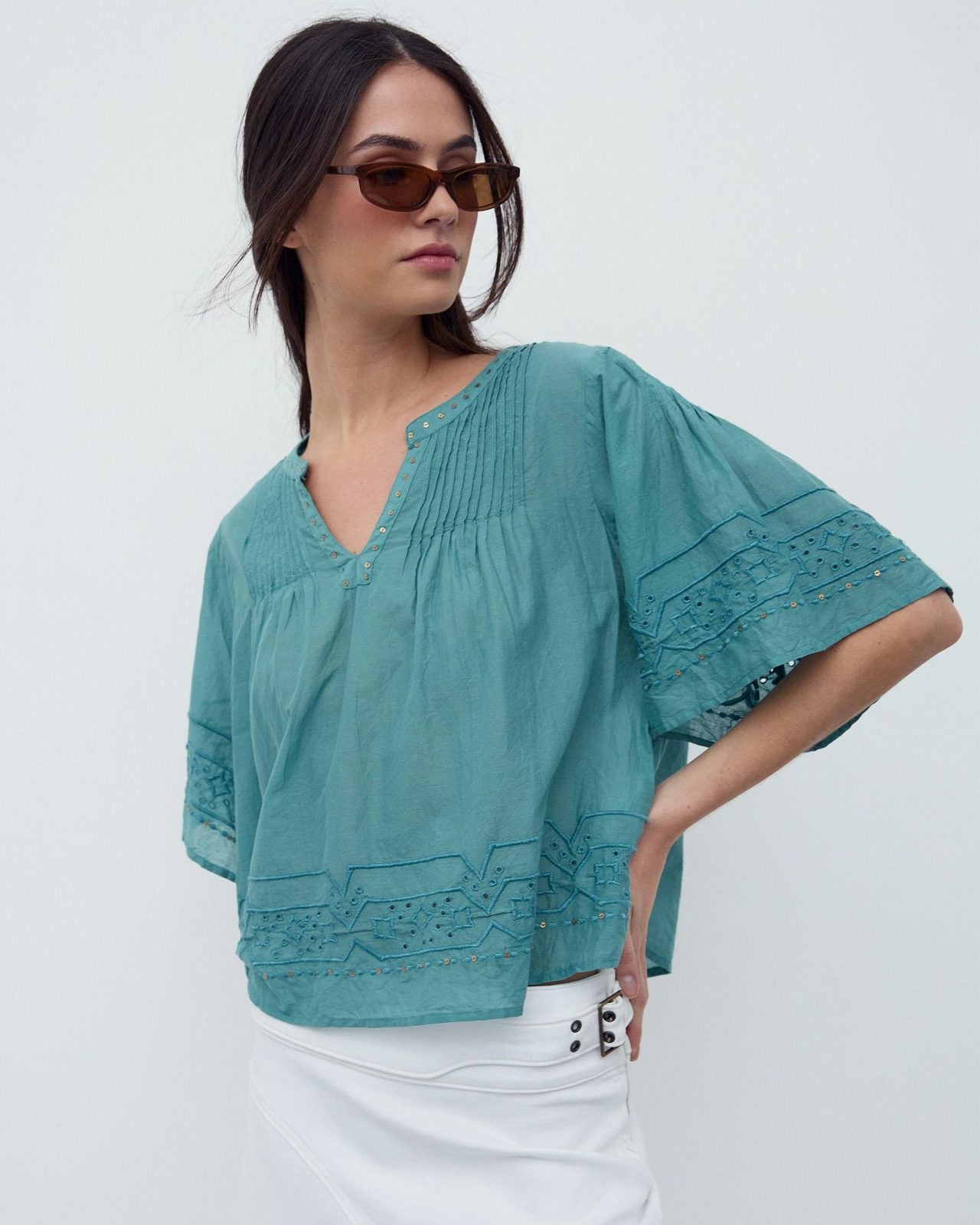 Blusa Bordados Lentejuelas Verde Agua