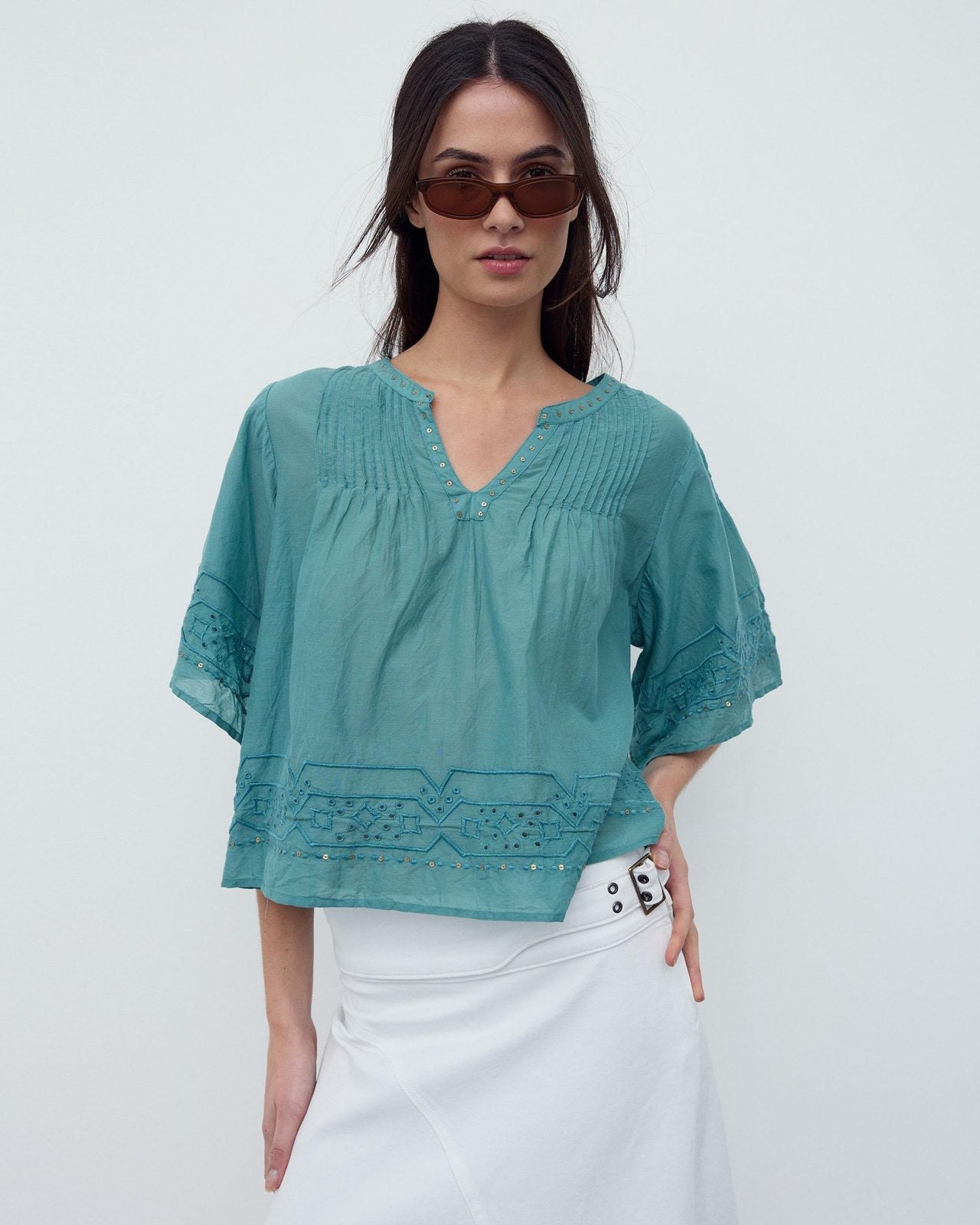 Blusa Bordados Lentejuelas Verde Agua