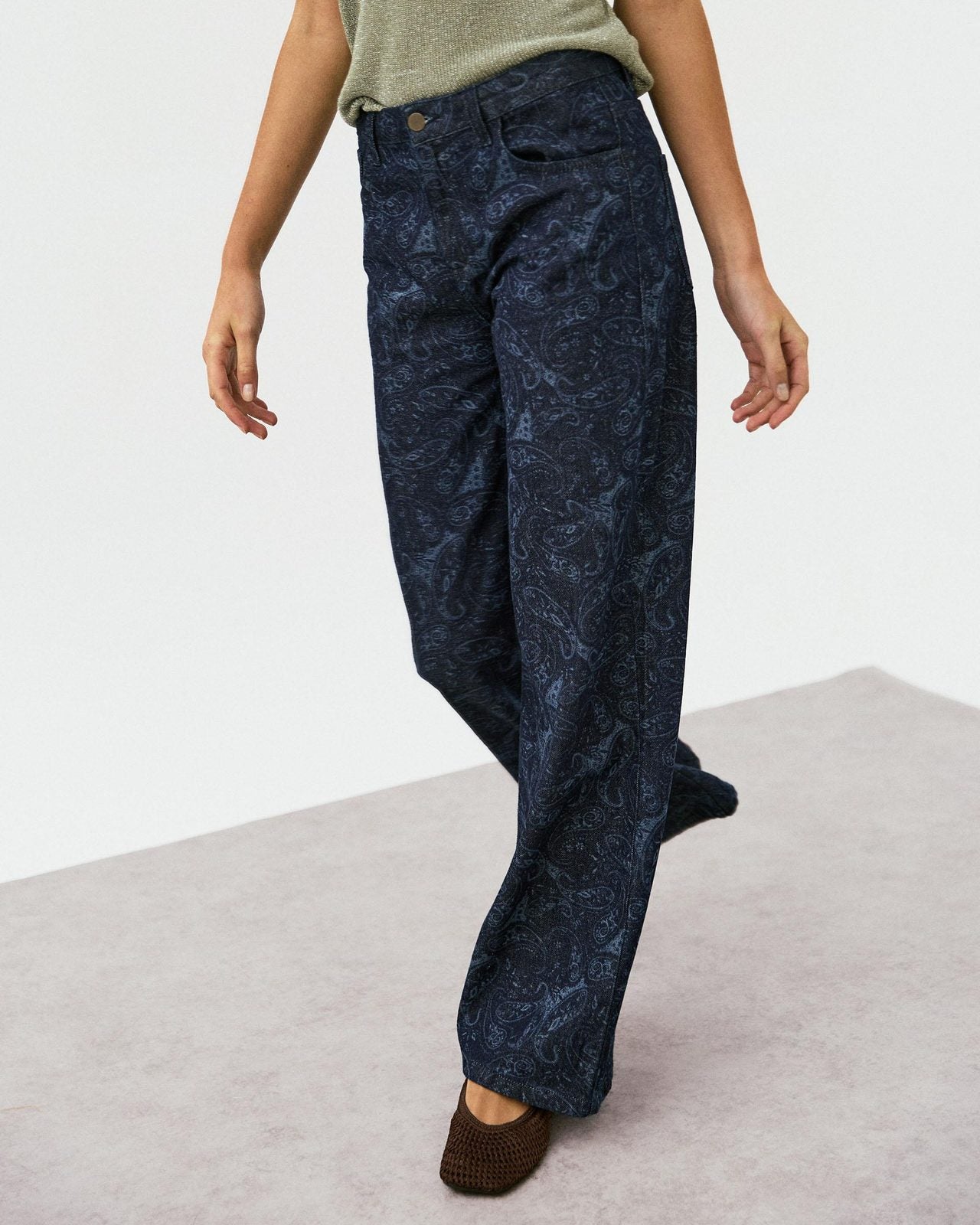 Jeans Wide Leg Estampado Azul Oscuro
