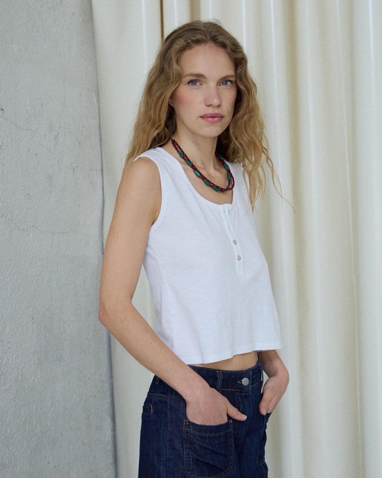 Camiseta Tirantes Botones Blanco
