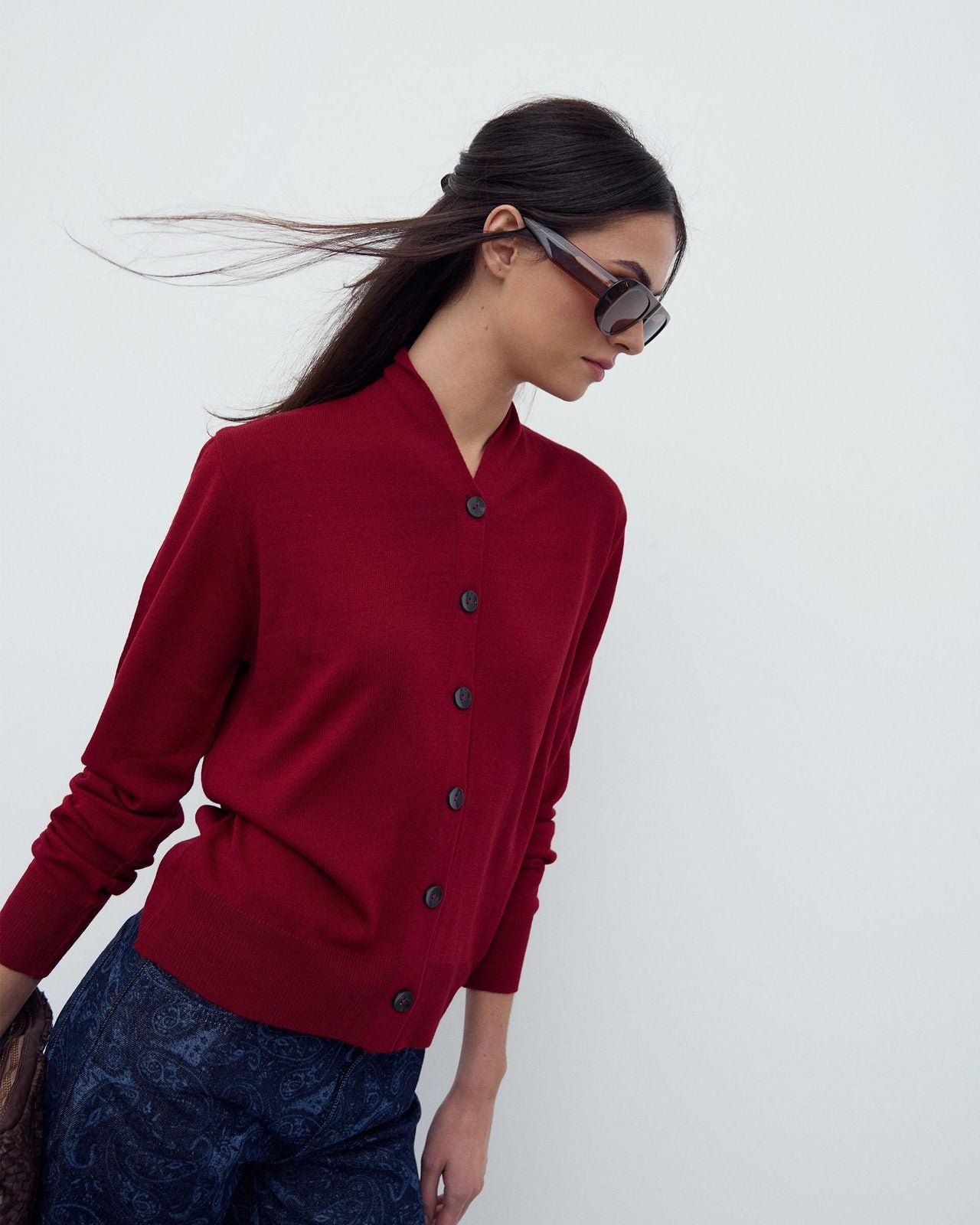 Chaqueta Punto Cuello Subido Pico Granate