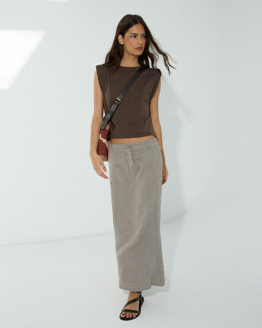 Falda Larga Lino Costura Taupe