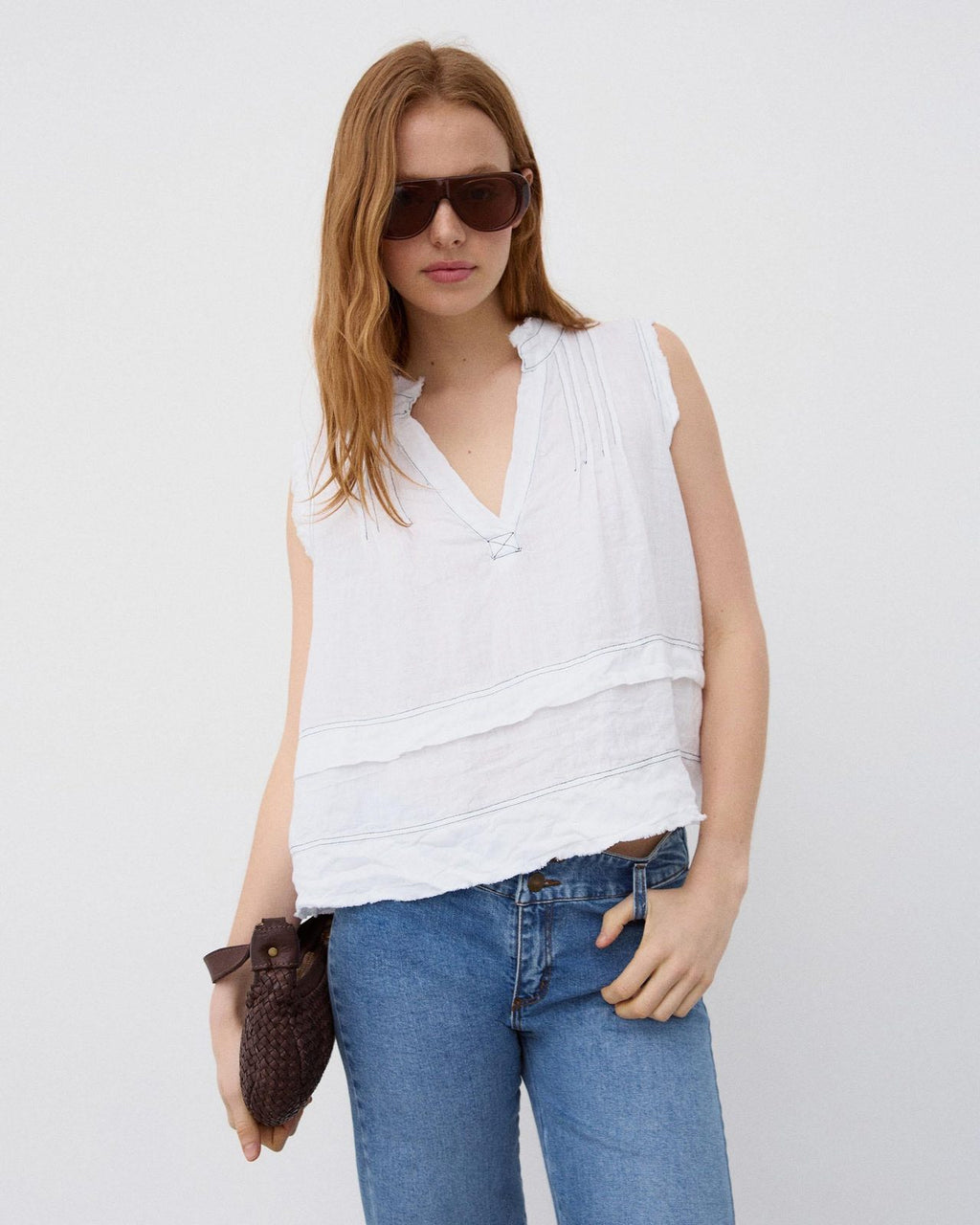 Blusa Lino Costuras Contraste Blanca