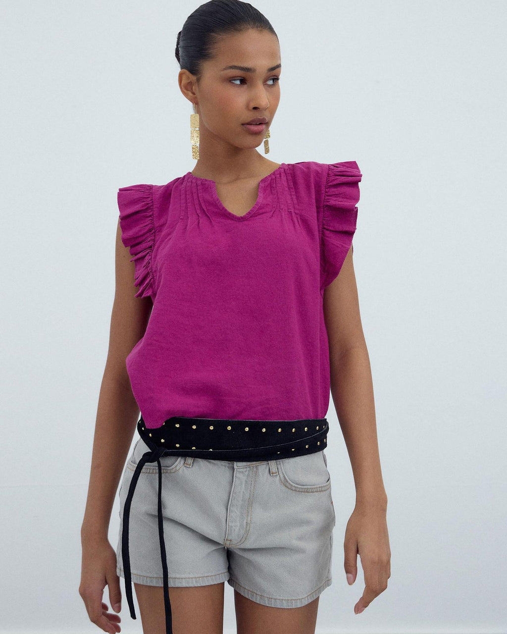 Blusa Sin Mangas Volantes Fucsia
