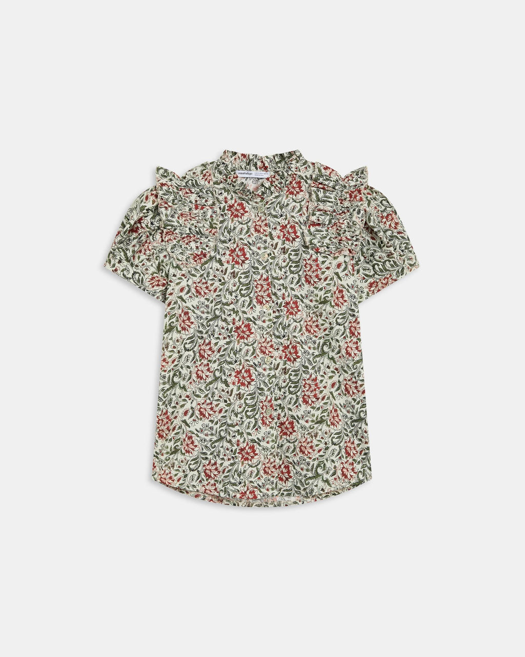 BLUSA MANGA ABULLONADA VOLANTE ESTAMPADA
