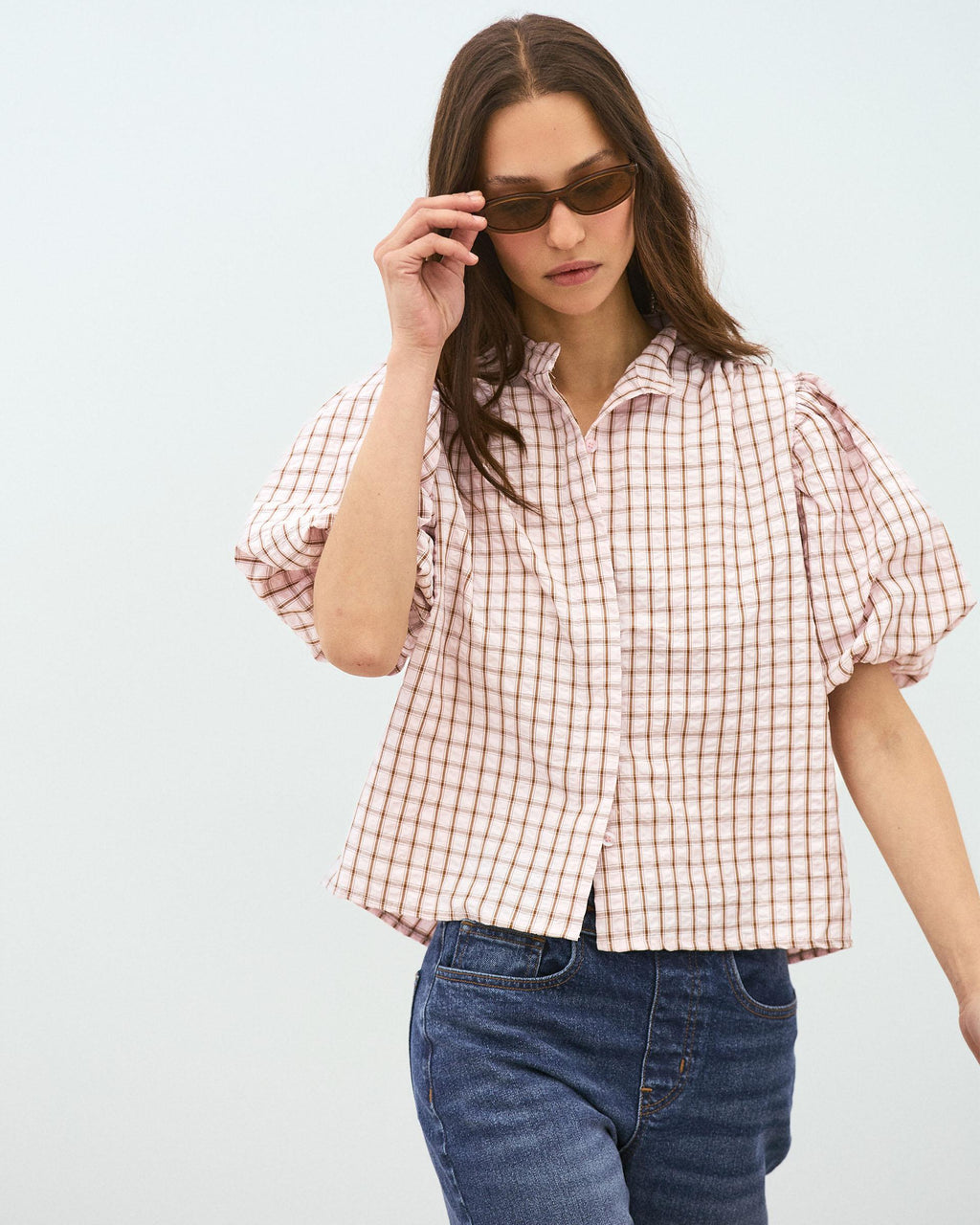 BLUSA MANGA ABULLONADA CUADROS