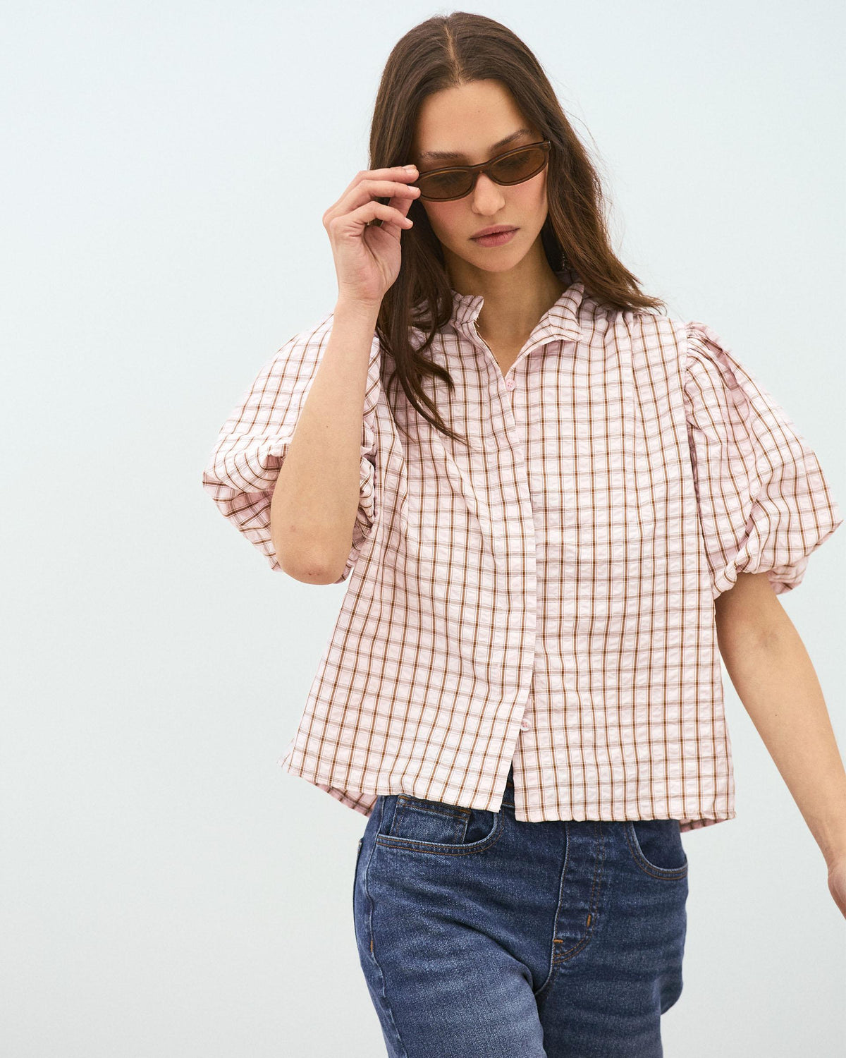 BLUSA MANGA ABULLONADA CUADROS