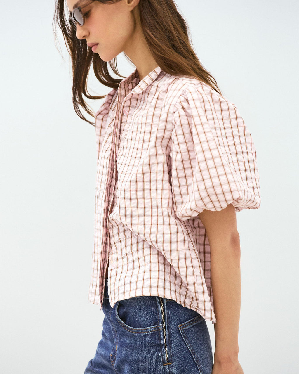 BLUSA MANGA ABULLONADA CUADROS