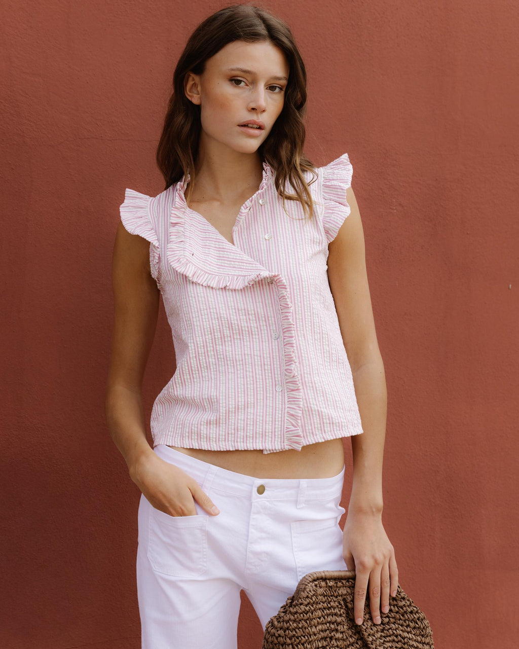 BLUSA SIN MANGAS VOLANTES RAYAS